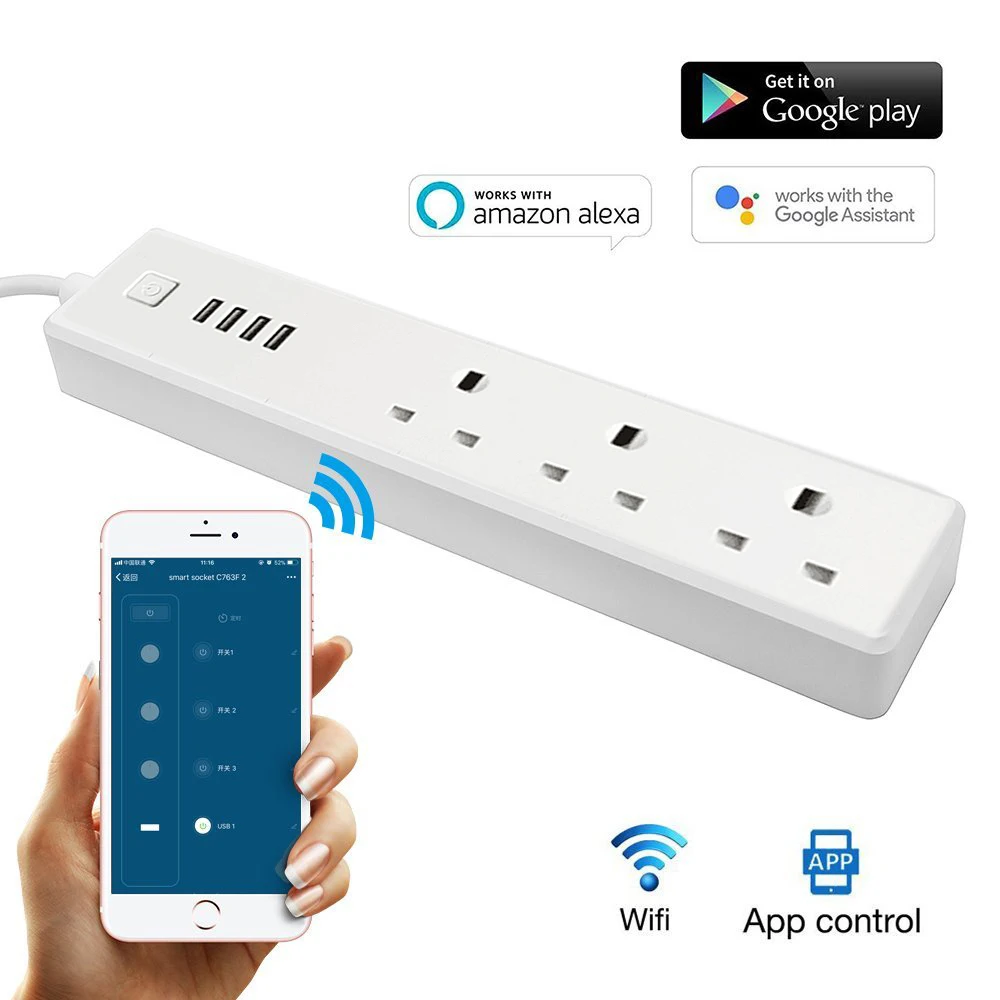 Новое поступление умный сетевой фильтр RSH для Великобритании с 3 розетками Wi Fi 4 USB