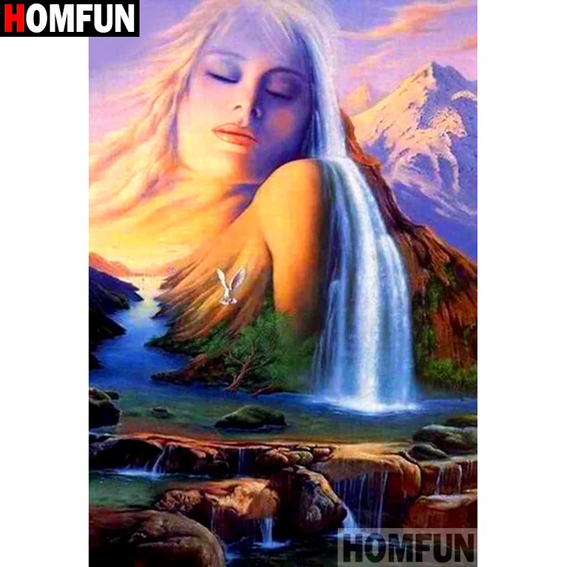 Алмазная 5D картина HOMFUN «Водопад и женщина», вышивка крестиком, картина «сделай сам», квадратная/круглая, домашний декор, подарок, A16865