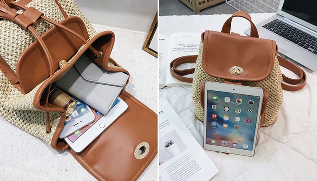 Straw woven backpack lady tassel summer girl student quality travel bag books backpack#g35 | Багаж и сумки