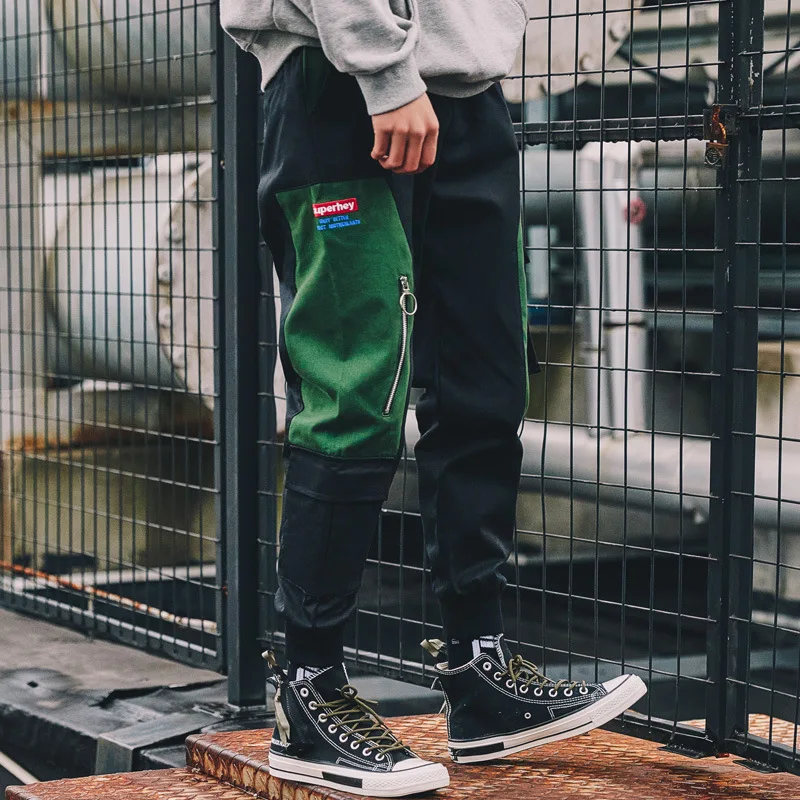 

Casual Trousers Men Cargo Pants 100%Cotton Harem Pants Men Tide brand Japanese Harajuku style splice zip Sweatpants Jogger Pants