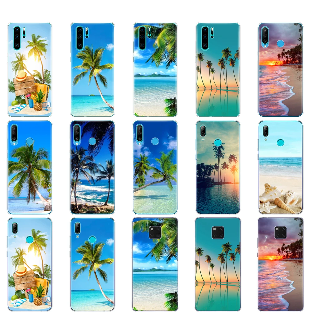 Чехол для Huawei P30 PRO LITE, задняя крышка для huawei mate 20 pro lite p smart 2019 plus, летняя пляжная сцена, закат на море, Пальма