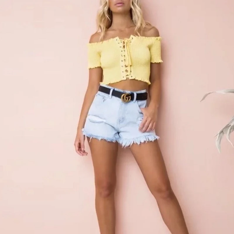 Pantalon Ruching Lace Up Женская футболка с открытыми плечами короткими рукавами футболки