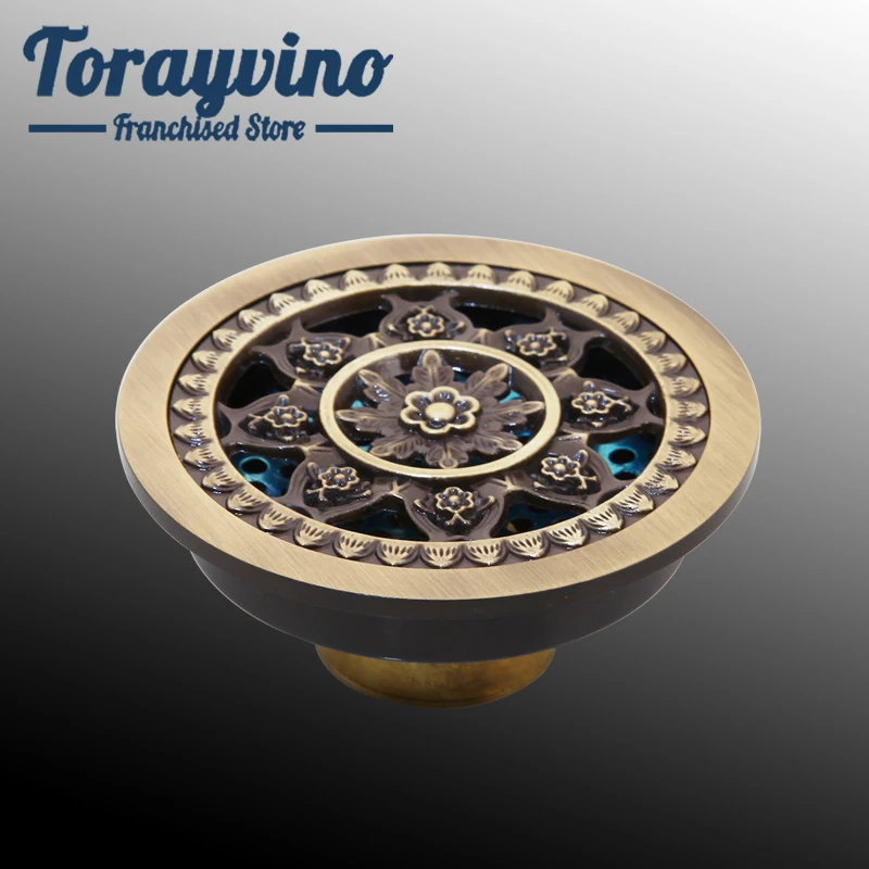 

Bathroom Antique Brass Floor Drain Flower Art Carved Euro Floor Round Drains
