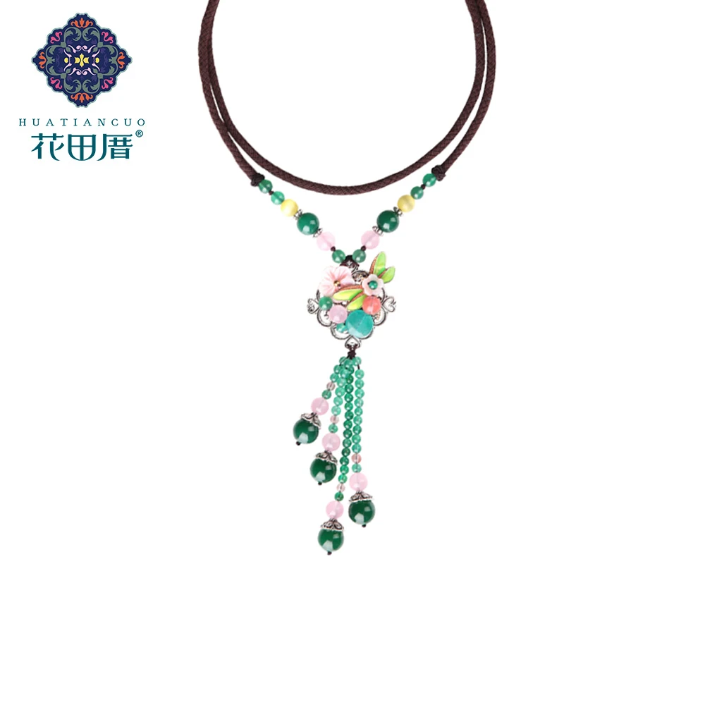 

Ethnic Tassel Handmade Green StonePink Stone Shell Flower Cloisonne Dragonfly Round J ade Rope Chain Female Accessories CL-17026