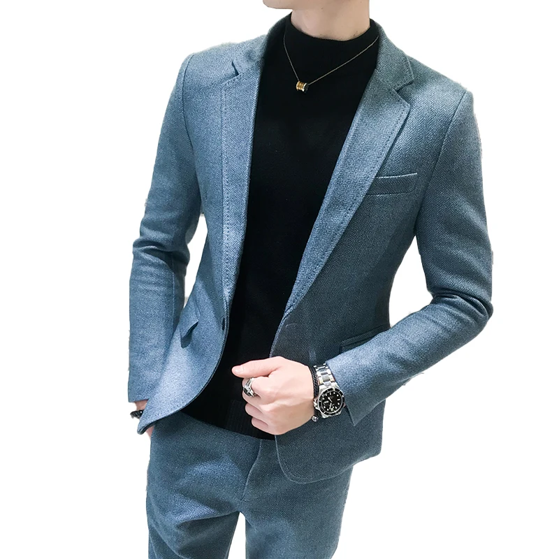 

(Пиджак + брюки) 2020 новый мужской модный бутик однотонный шерстяной приталенный повседневный деловой костюм мужской свадебный костюм жених...
