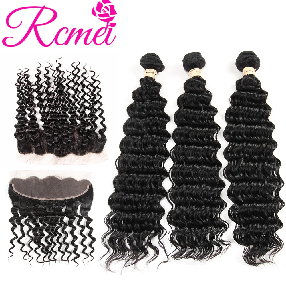 Rcmei человека Волосы remy Связки с фронтальной застежка 3bundles перуанский глубокая