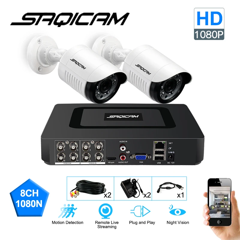 SAQICAM 8CH DVR CCTV система безопасности 1080N AHD 2 шт. 1080 P день/ночь Водонепроницаемая
