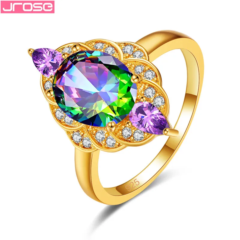 

JROSE 2019 New Multicolor Stone Ring for Women Gold Color Crystal Fashion Anniversary Wedding Silver Jewelry For Girl Party Gift