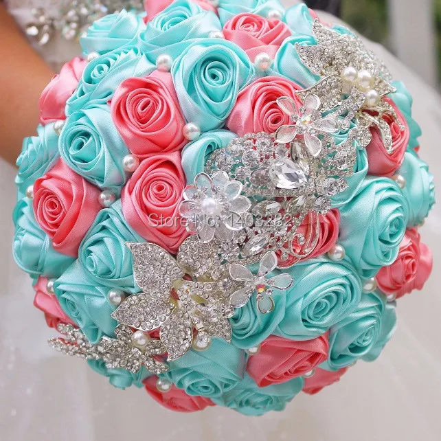 Royal Blue Crystal Satin Artificial Wedding Bouquet by Modabelle – Handmade Roses for Bridal Bouquets image 6