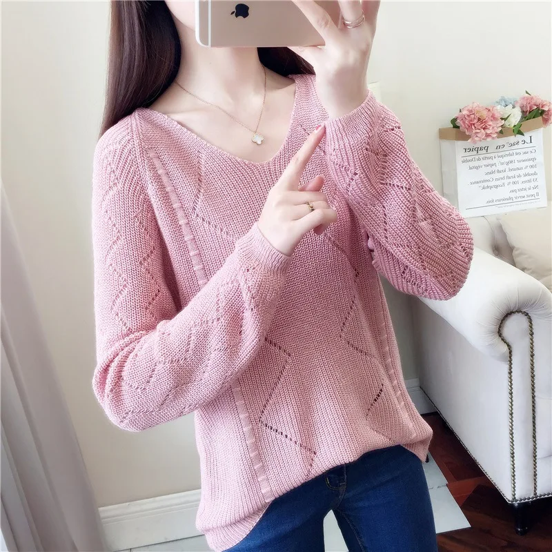 Casual Kintted Sweater Women Sexy V-Neck Long Sleeve Pullovers Thin Hollow Out Geometric Warm Tops 2019 Autumn Women's Sweaters | Женская