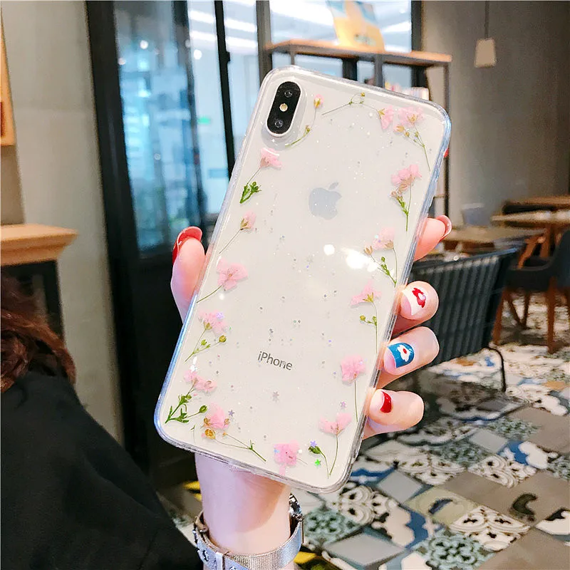 Блестящий красивый мягкий блестящий чехол для телефона iPhone X, XS, XR, XS, Max, 6, 6 S, 7, 8 Plus, прозрачная задняя крышка с настоящим цветком