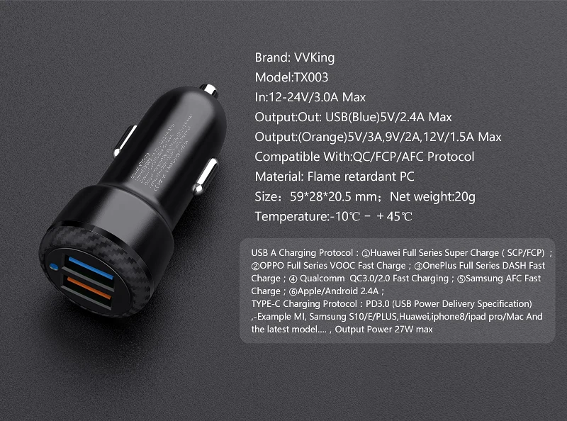 VVKing быстрое автомобильное зарядное устройство Quick Charge 3,0 2 USB QC3.0+ 2.4A 30 Вт Зарядка для iPhone samsung Xiaomi huawei FCP/AFC Автомобильная Быстрая зарядка