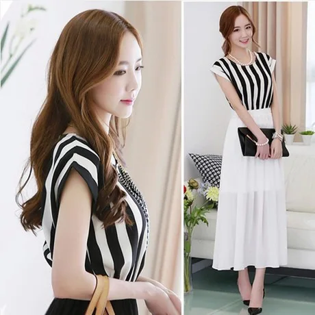 2015 summer new slim T-shirt dress stitching chiffon long | Женская одежда
