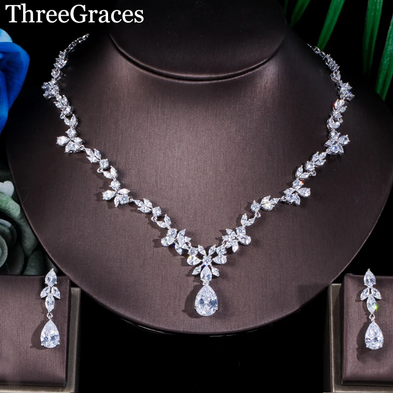 ThreeGraces роскошные свадебные аксессуары кубический цирконий камень капли воды невесты ожерелье и серьги Ювелирные наборы JS045