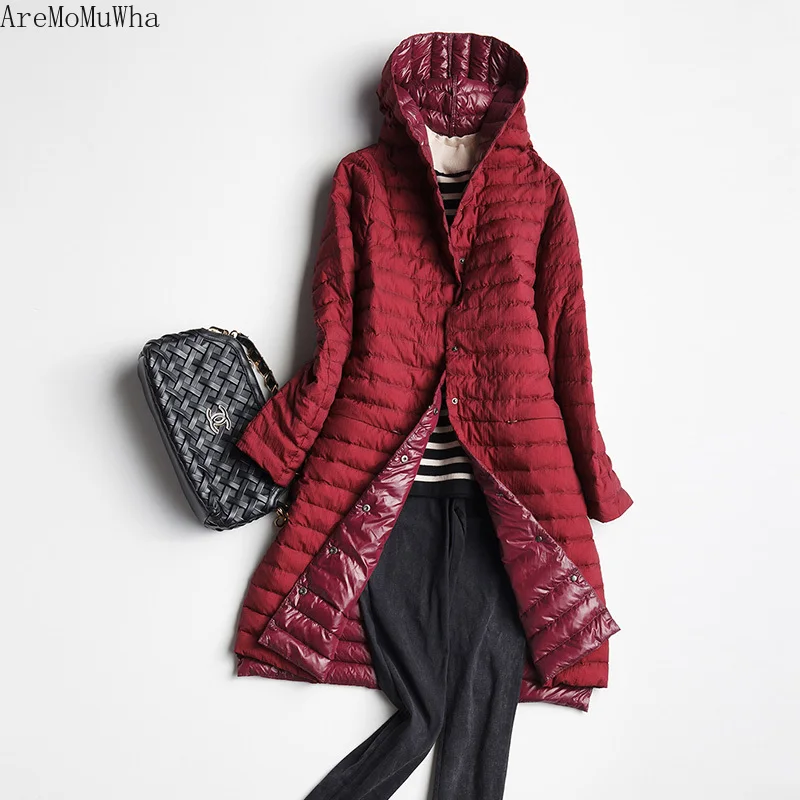 AreMoMuWha легкий пуховик с воротником стойкой женский длинный тонкий выше колена