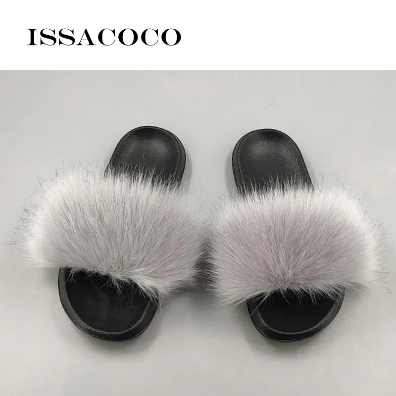 Light grey ISSACOCO/зимние женские меховые тапочки; домашняя меховая обувь; теплые женские шлепанцы с лисьим мехом; Вьетнамки; пушистые сандалии - Цвет: Light grey