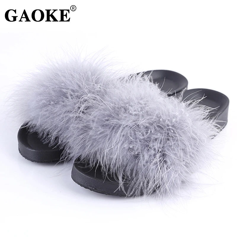 

New Fur Furry Slide Feather Thick Bottom Beach Female Sandals Hair Soft Flip Flops Women Home Slippers Indoor