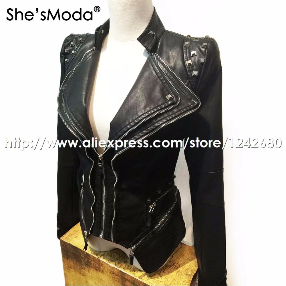 Женская облегающая куртка смокинг She'sModa из искусственной кожи с заклепками и
