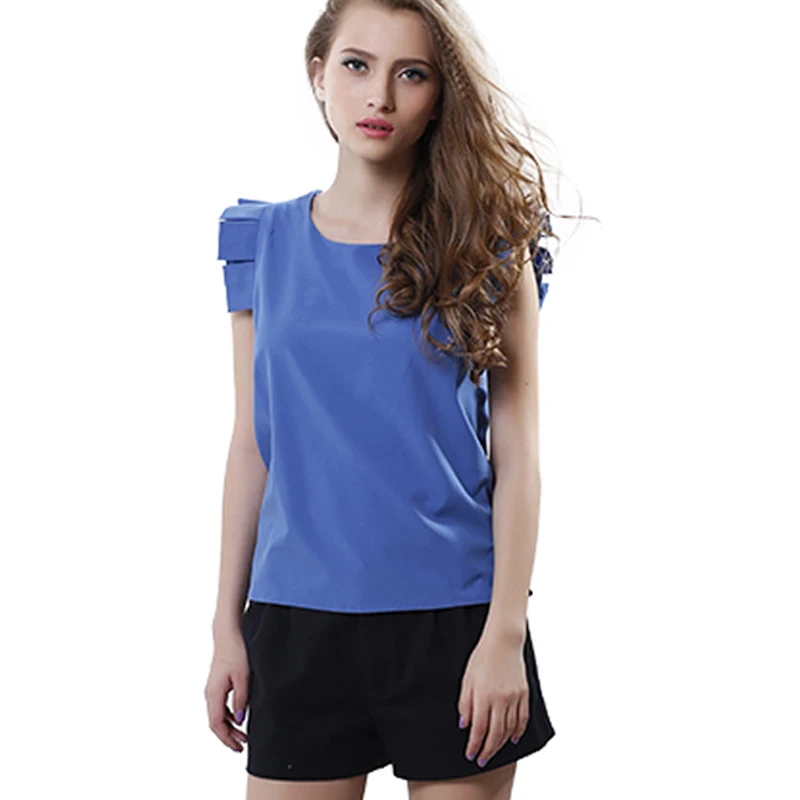 Женская шифоновая блузка ярких цветов с рукавом бабочкой и круглым вырезом топы