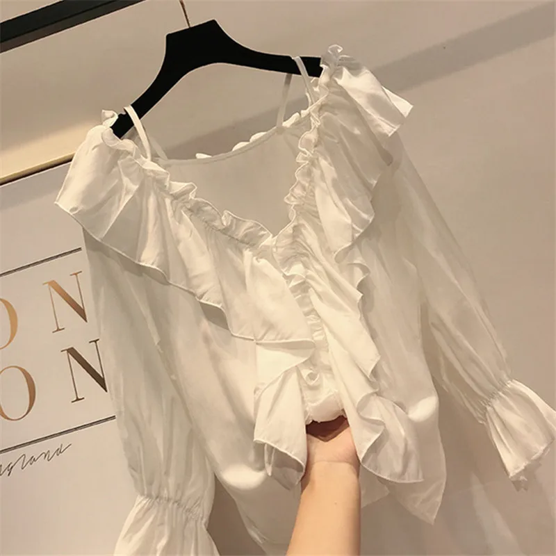 Neploe косой вырез с оборками однотонные Блузы длинным рукавом шикарная шифоновая