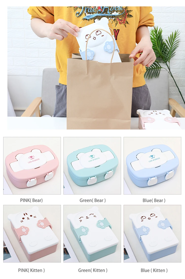 Детские Мультяшные милые коробки Bento, двухслойный пластиковый Ланч-бокс, контейнер для хранения еды, микроволновая печь для детей и школьников