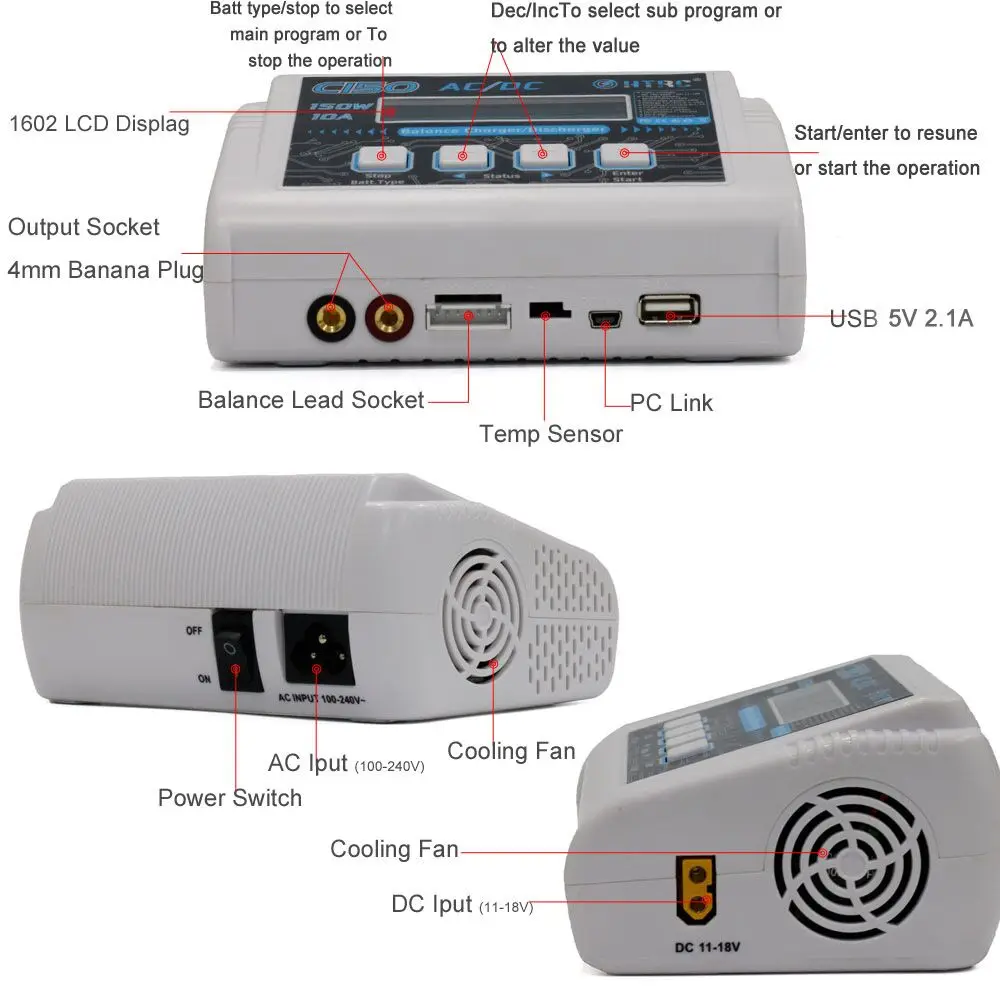 HTRC LiPo зарядное устройство C150 AC/DC 150 Вт 10A RC зарядное устройство для LiPo LiHV LiFe Lilon NiCd NiMh Pb смарт-батарея Dis зарядное устройство