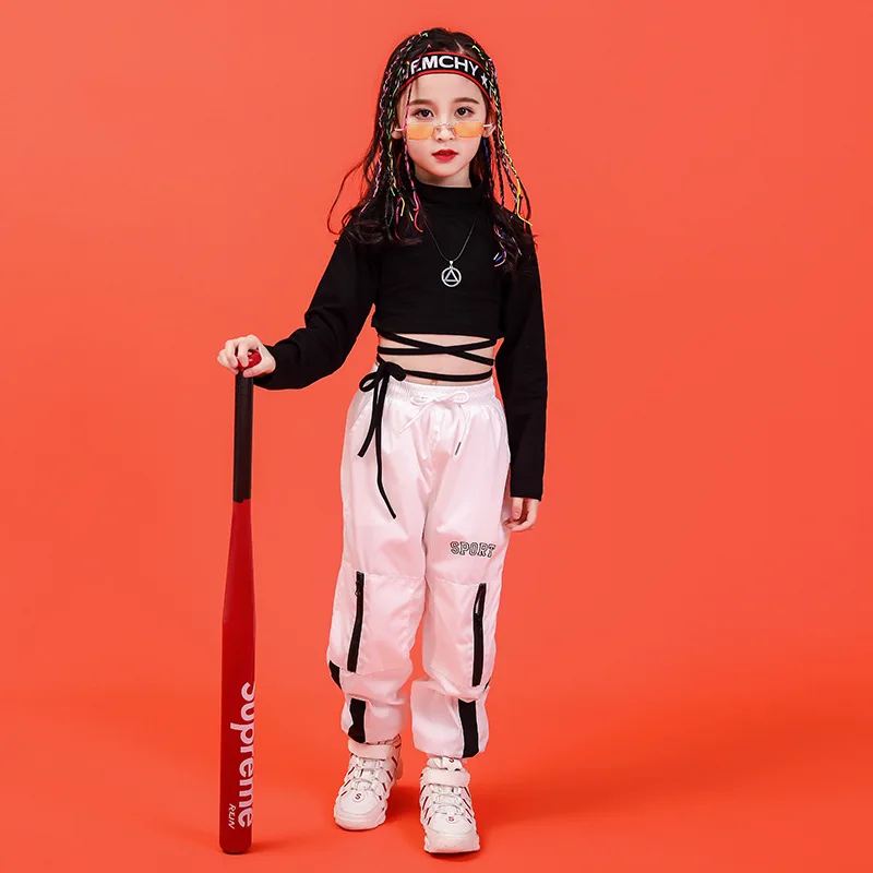 Танцевальный костюм для девочек, детские штаны и короткие черные топы с длинными рукавами, комплект одежды из 2 предметов в стиле хип-хоп для девочек