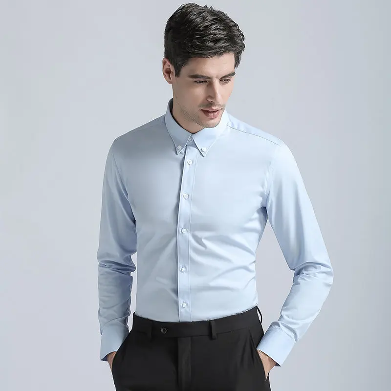High Quality Men's Shirts Formal Buckle collar Cotton Blend Classic Solid Color Long Sleeve Business Suits Blouse