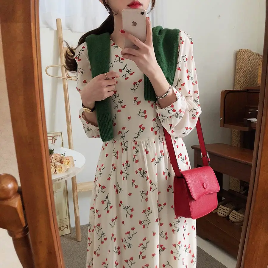 Новинка, S-XL, весеннее женское платье, повседневное, бохо, OL, повседневное, шифоновое, с принтом, с длинным рукавом, женское платье, Robe femme Vestido