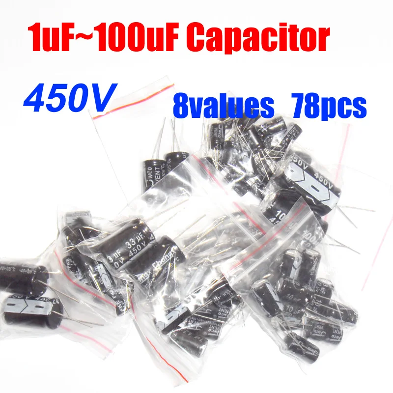 

8values total 78pcs 450V 1UF~100UF Aluminum Electrolytic Capacitor Assortment Kit