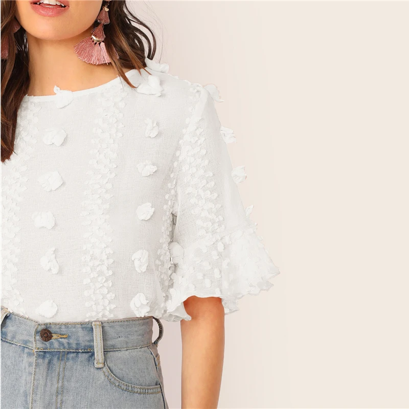 SHEIN элегантный розовый топ с 3D аппликацией и манжетами, блузка для женщин, короткий рукав, круглый вырез, Замочная скважина на спине, летние топы и блузки в стиле бохо