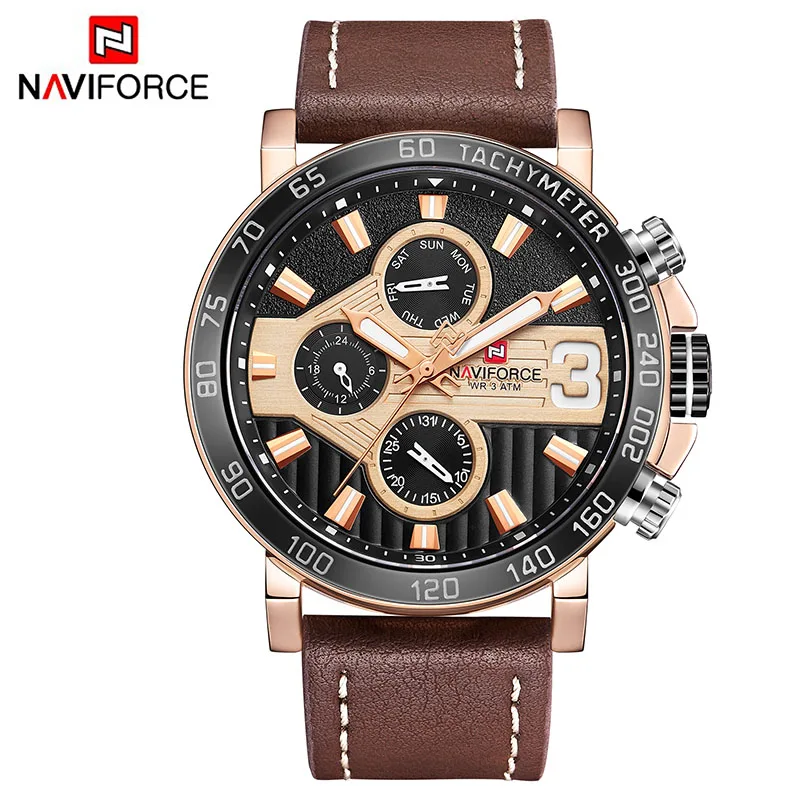 Rose gold Brown Лучший бренд класса люкс NAVIFORCE часы мужские модные кожаные кварцевые часы с 6 циферблатами повседневные спортивные мужские наручные часы Montre Homme - Цвет: Rose gold Brown