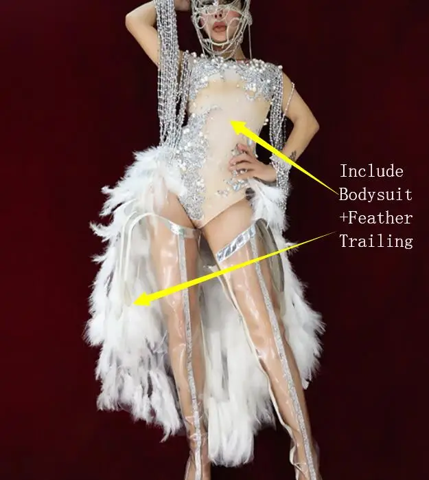 Bodysuit Trailing Бар ночной клуб DJ женский певец костюм серебряные Стразы Бисероплетение боди перо со шлейфом танцевальный наряд танцор сексуальная сценическая одежда - Цвет: Bodysuit Trailing