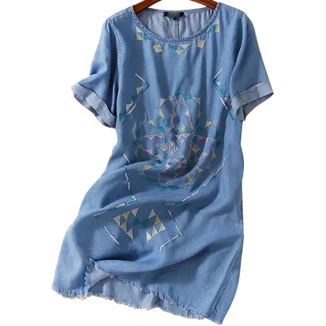 Женское джинсовое платье с вышивкой Tencel повседневное мини коротким рукавом и