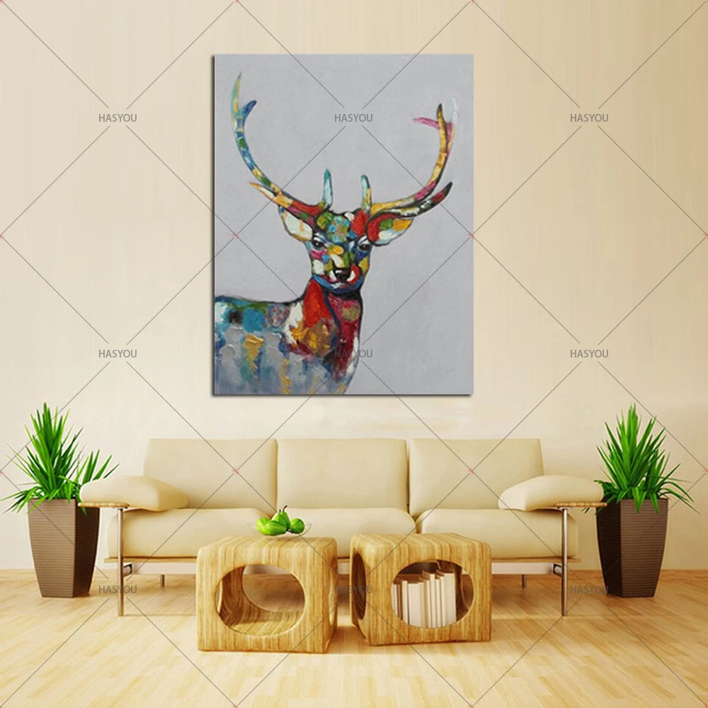 

hand painted colorful long horned deer pictures painting handmade canvas cartoon oil painting for living room or bedroom decora