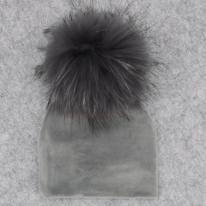 gray No4 GZHILOVINGL Real Fur Pom Pom Baby Girls Boys Hat Warm Winter Knitted Velvet Hat Toddler Kids Soft Thick Flannel Beanies Pompoms - Цвет: gray No4