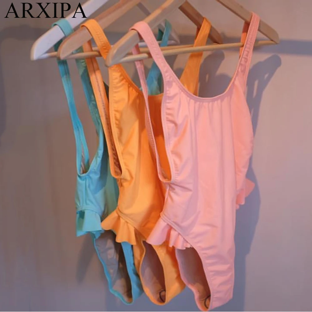 ARXIPA цельный сплошной купальный костюм с подкладкой желтый купальник оборками