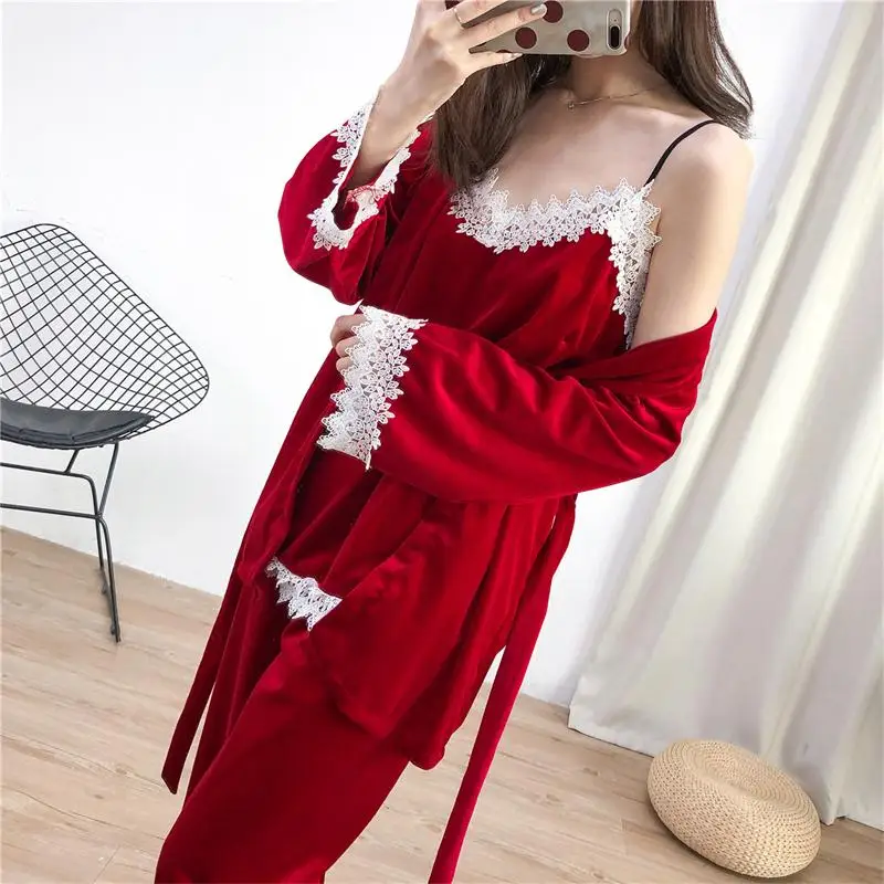 Style 989-B Бургундия Весна велюровые пижамы наборы женские 3 шт ремень Топ брючный костюм повседневная домашняя ночная рубашка сексуальный халат - Цвет: Style 989-B