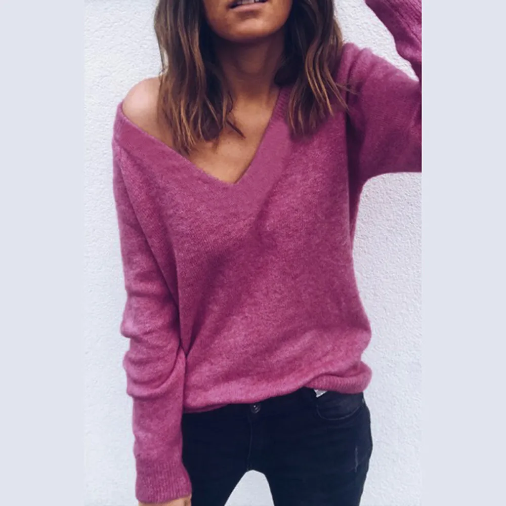 Autumn Winter Knitted Sweaters Women 2018 Loose Sweater Pullovers Jumper deep V-neck sexy Female Femme Tops | Женская одежда
