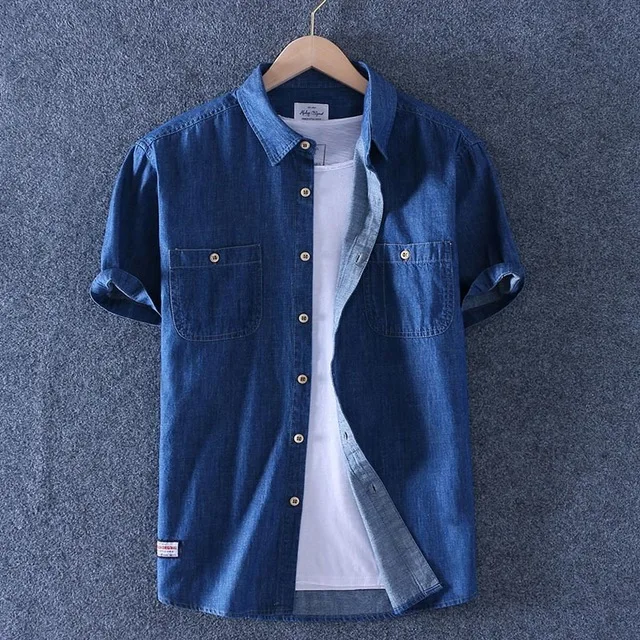 AZ02 Blue Летняя джинсовая рубашка мужская хлопковая джинсовая рубашка с коротким рукавом Тонкая Повседневная джинсовая Удобная рубашка(не включает белую футболку - Цвет: AZ02 Blue