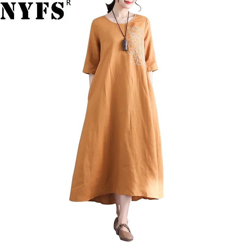 

NYFS 2021 New Summer Dress Vintage Loose Long Dress Cotton Linen embroidered Women Dress Vestidos Robe Elbise