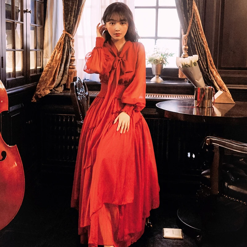

New Sweet Temperament Chiffon Dress Red Fashion Temperament Elegant 2019 Summer Ruffles Bohemian Party Beach Dresses