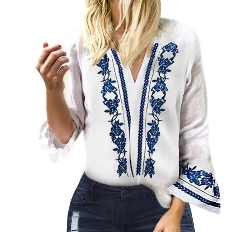 Белые женские топы с длинными рукавами рубашки v-образным вырезом длинный