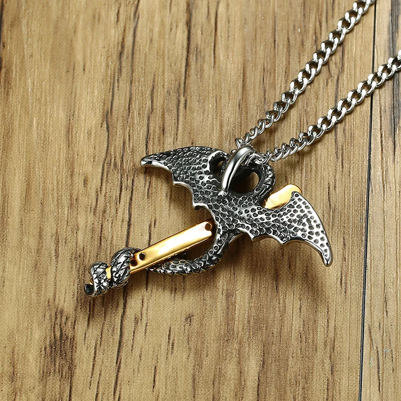 BIG J.W Gothic Pterosaur Sword Pendant Necklace for Men Cool Dragon Stainless Steel Punk Maxi Male Jewelry | Украшения и