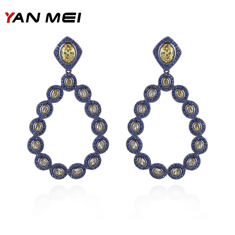

YANMEI Luxury Oval Hollow Out Dangle Earrings For Women AAA Cubic Zirconia Pendientes Mujer Jewelry YME6447