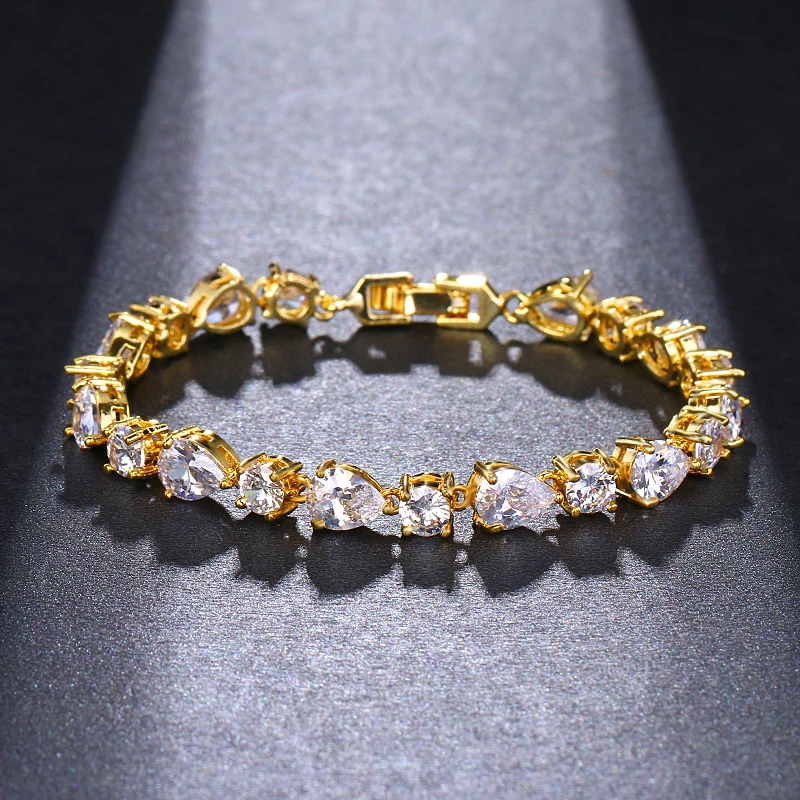 Yellow Gold Модные браслеты в форме капли воды из циркония и браслеты с сияющими круглыми цирконами, роскошный очаровательный браслет для женщин, подарок, ювелирные изделия, аксессуары - Окраска металла: Yellow Gold