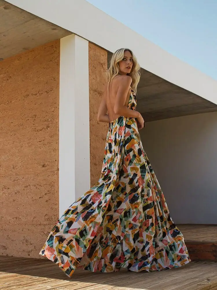 Boho женское летнее пляжное платье без рукавов с v-образным вырезом и цветочным принтом