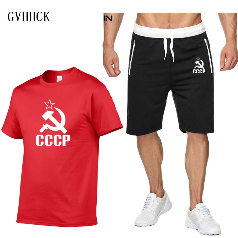 Костюм мужской с принтом СССР хлопок футболка и шорты повседневный комплект