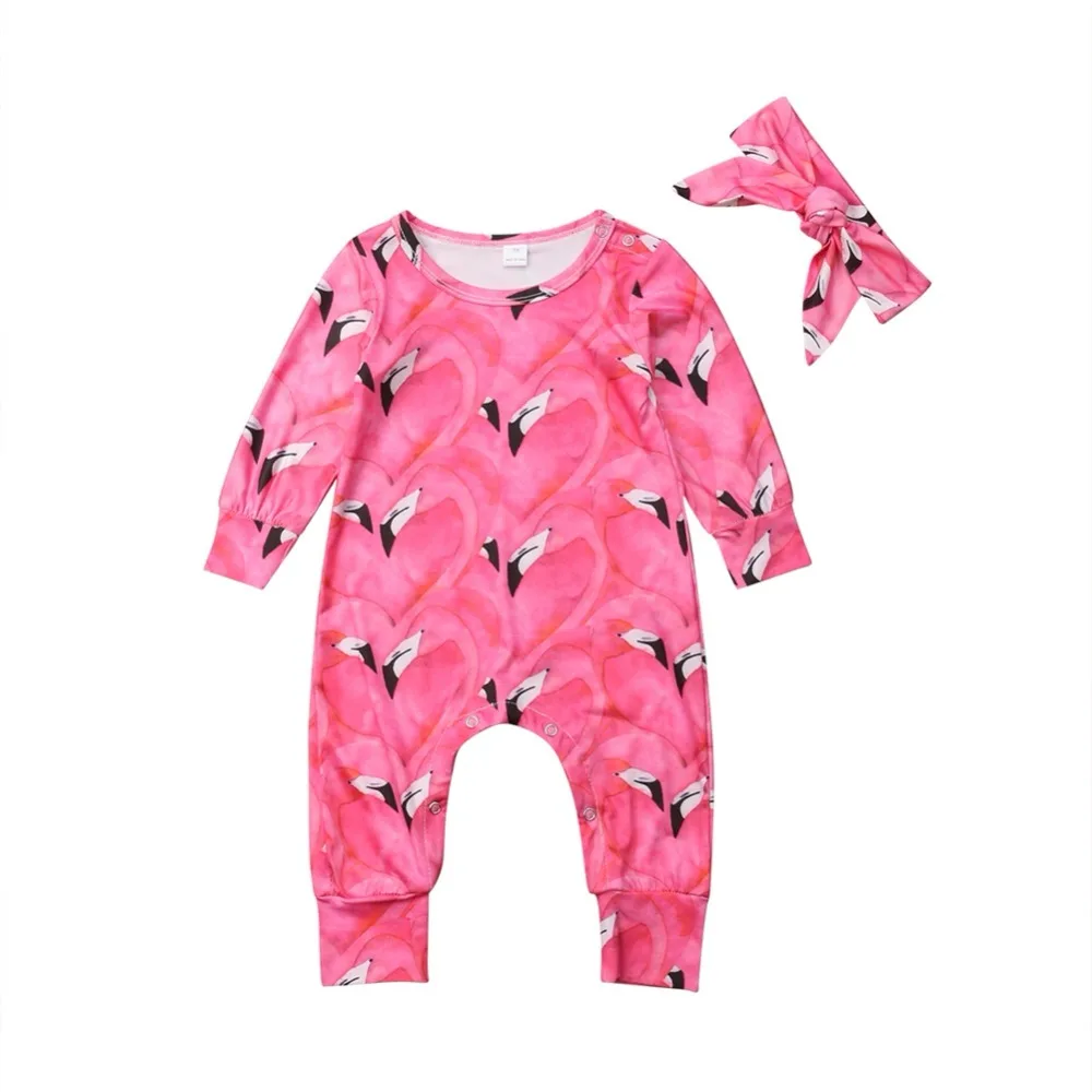 

Newborn Kid Baby Girk Flamingo Pink Romper++Headband Jumpsuit Bebe Outfit Clothes