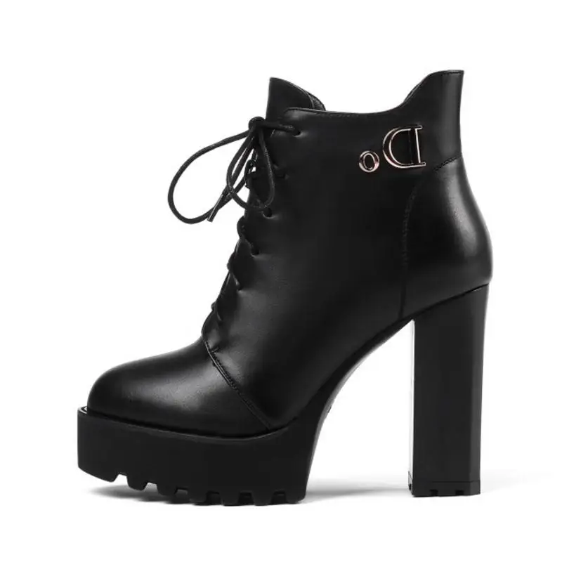 FITWEE Women Thick High Heels Ankle Boots Lace Up Platform Shoes Winter Strappy Round Toe Zipper Size 34-39 | Обувь